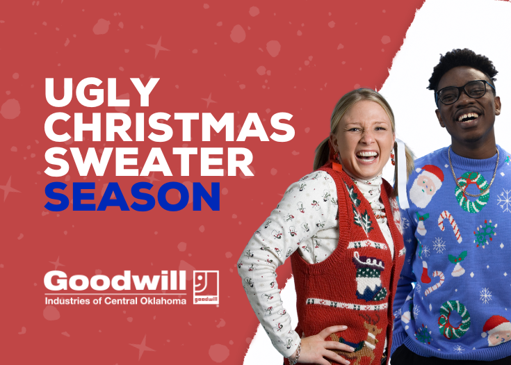 Two people in ugly christmas sweaters smiling next to a headline 'Ugly Christmas Sweater Season'
